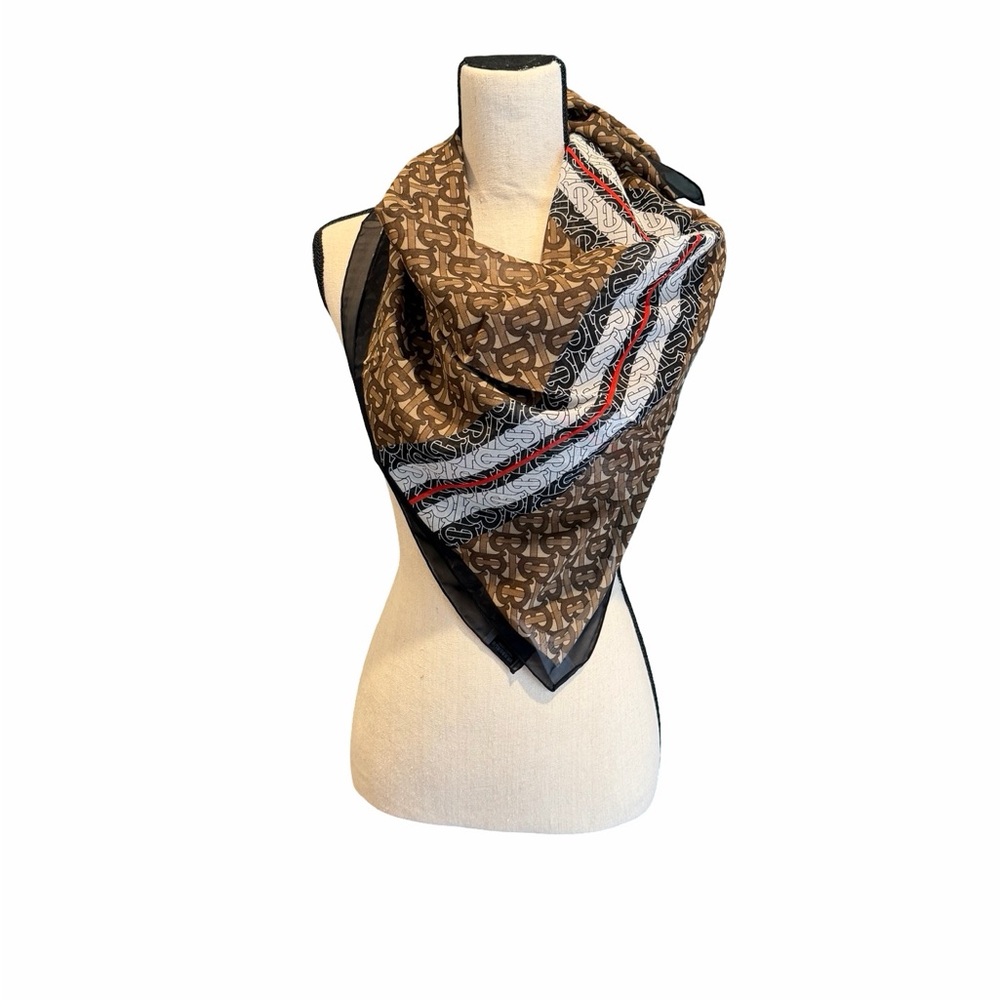 NEW Burberry TB Monogram Bridle Brown Silk Scarf